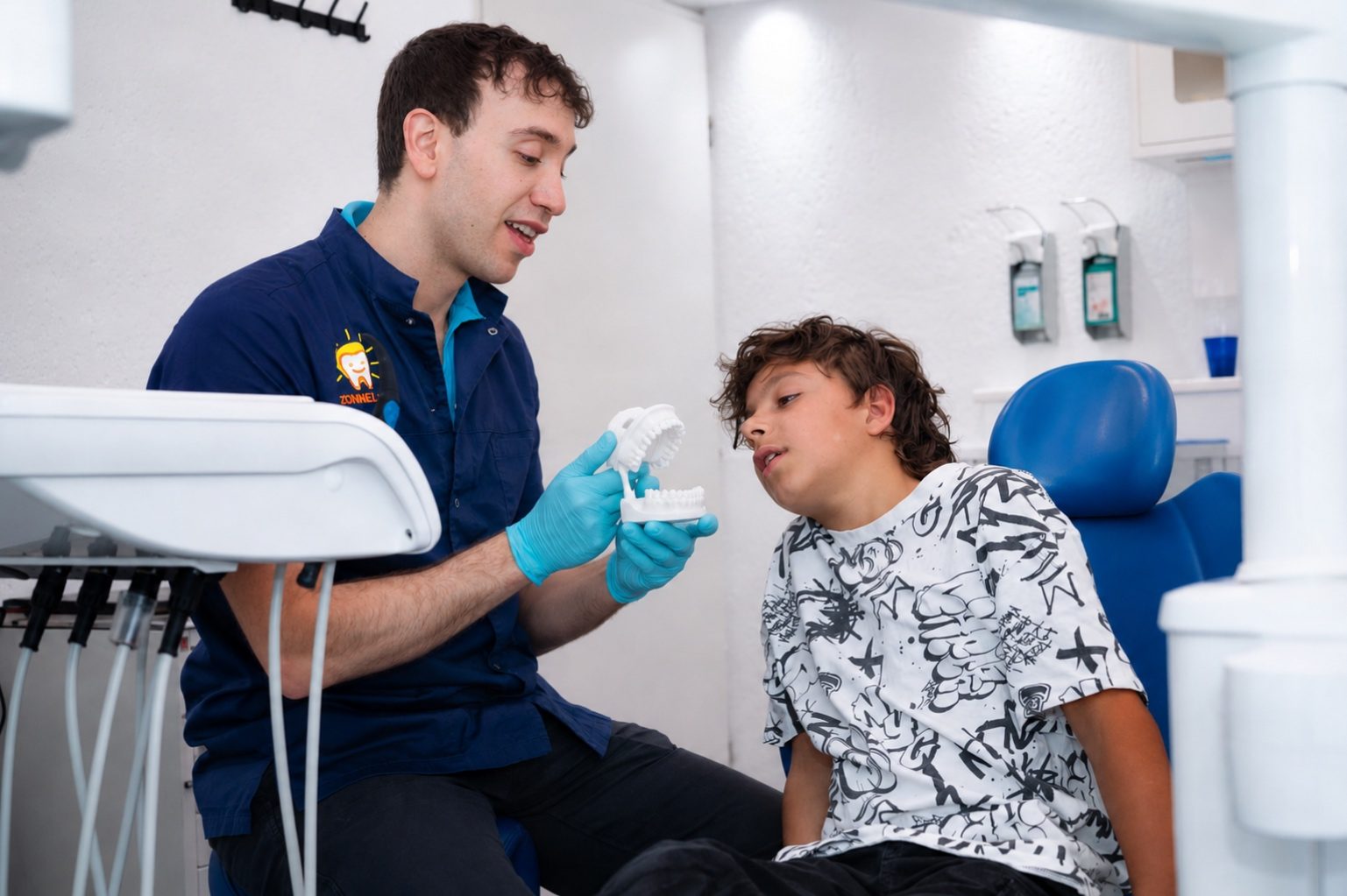 David legt het gebit uit met een tandmodel
