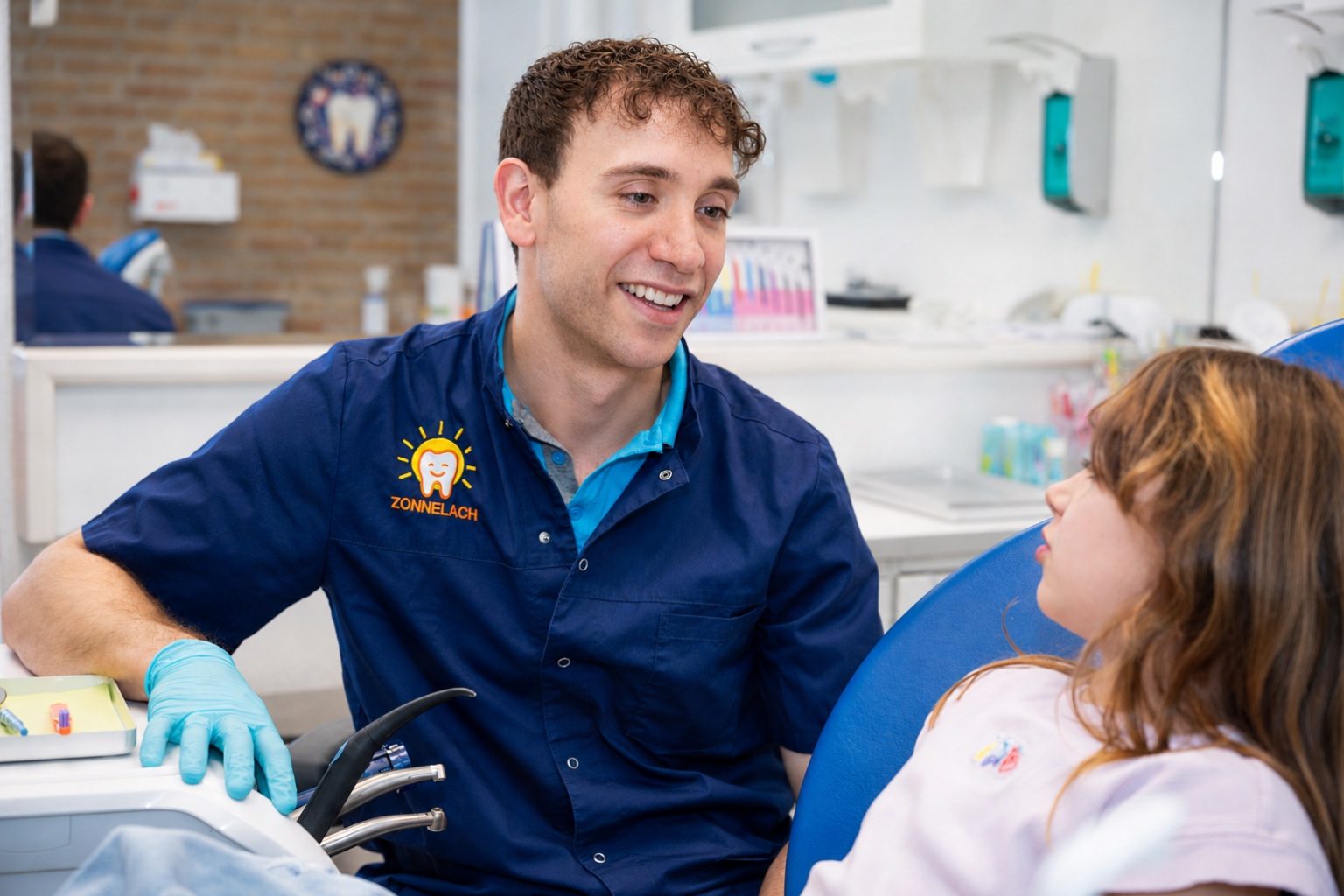David in gesprek met een kind in de behandelstoel